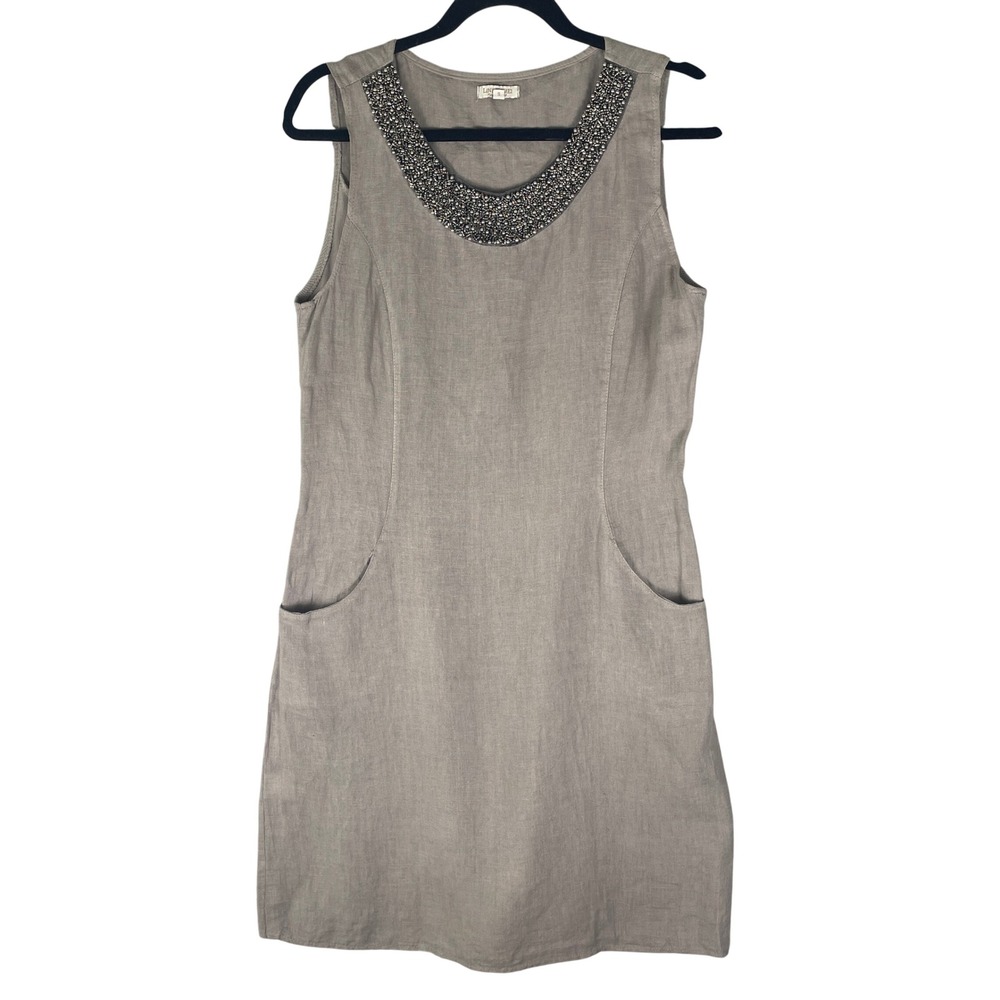 Lina Tomei Linen Shift Dress Womens Small Taupe VGUC Beaded Made In Italy Pocket
